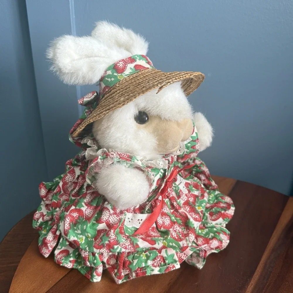 Vintage 1994 Hosung Bunny Rabbit Hand Puppet Plush Strawberry Dress Straw Hat